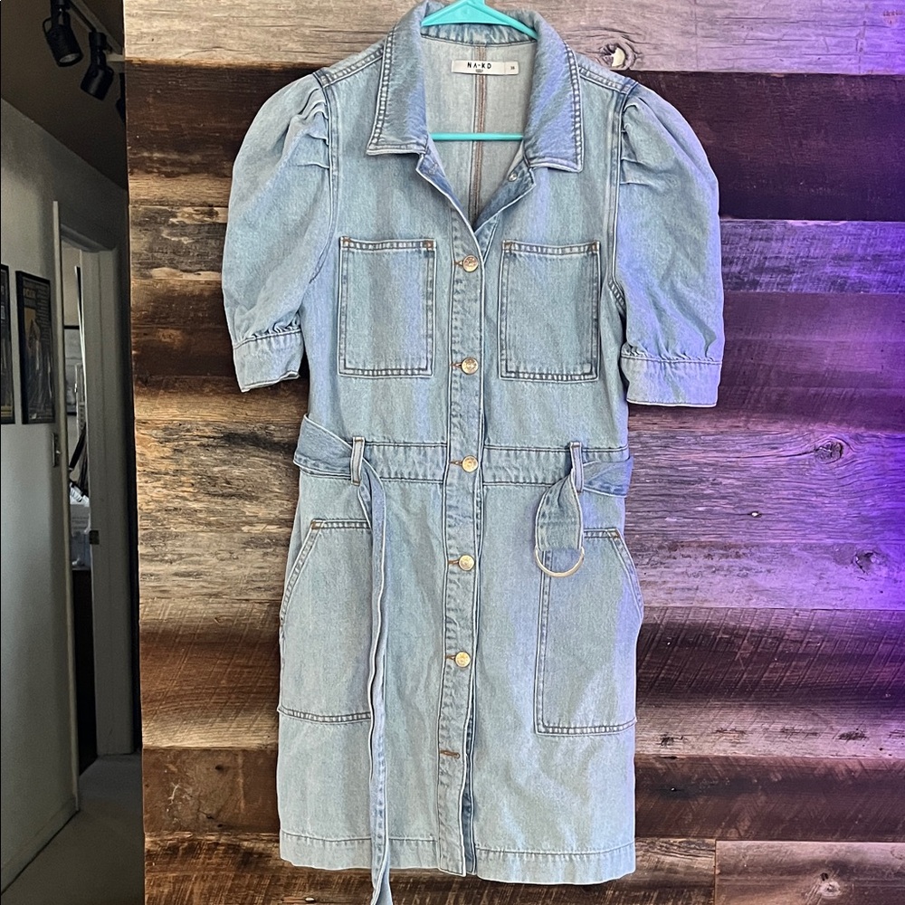 Denim Blue Button Down Dress with Puff Sleeves & Belt